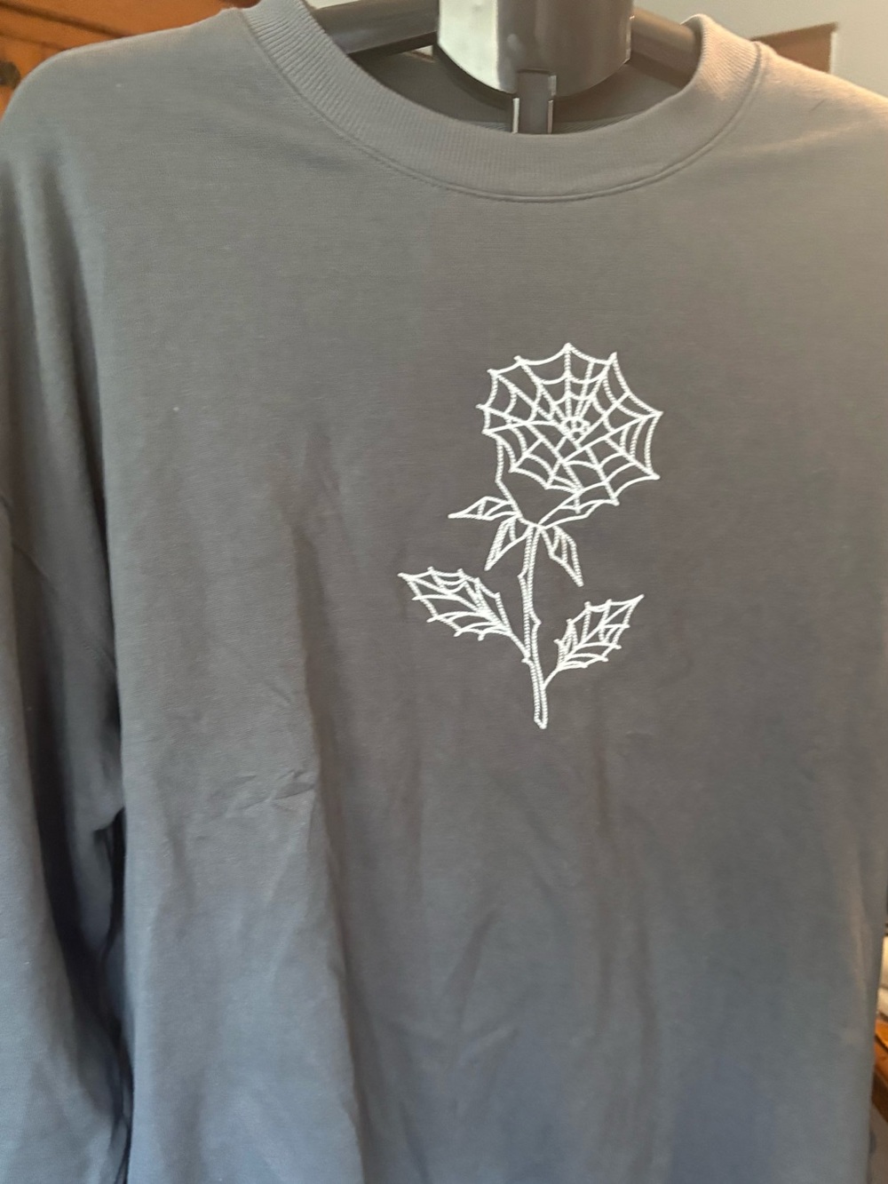 Old Navy Charcoal Long-Sleeve Tee with White Spiderweb Rose Graphic
